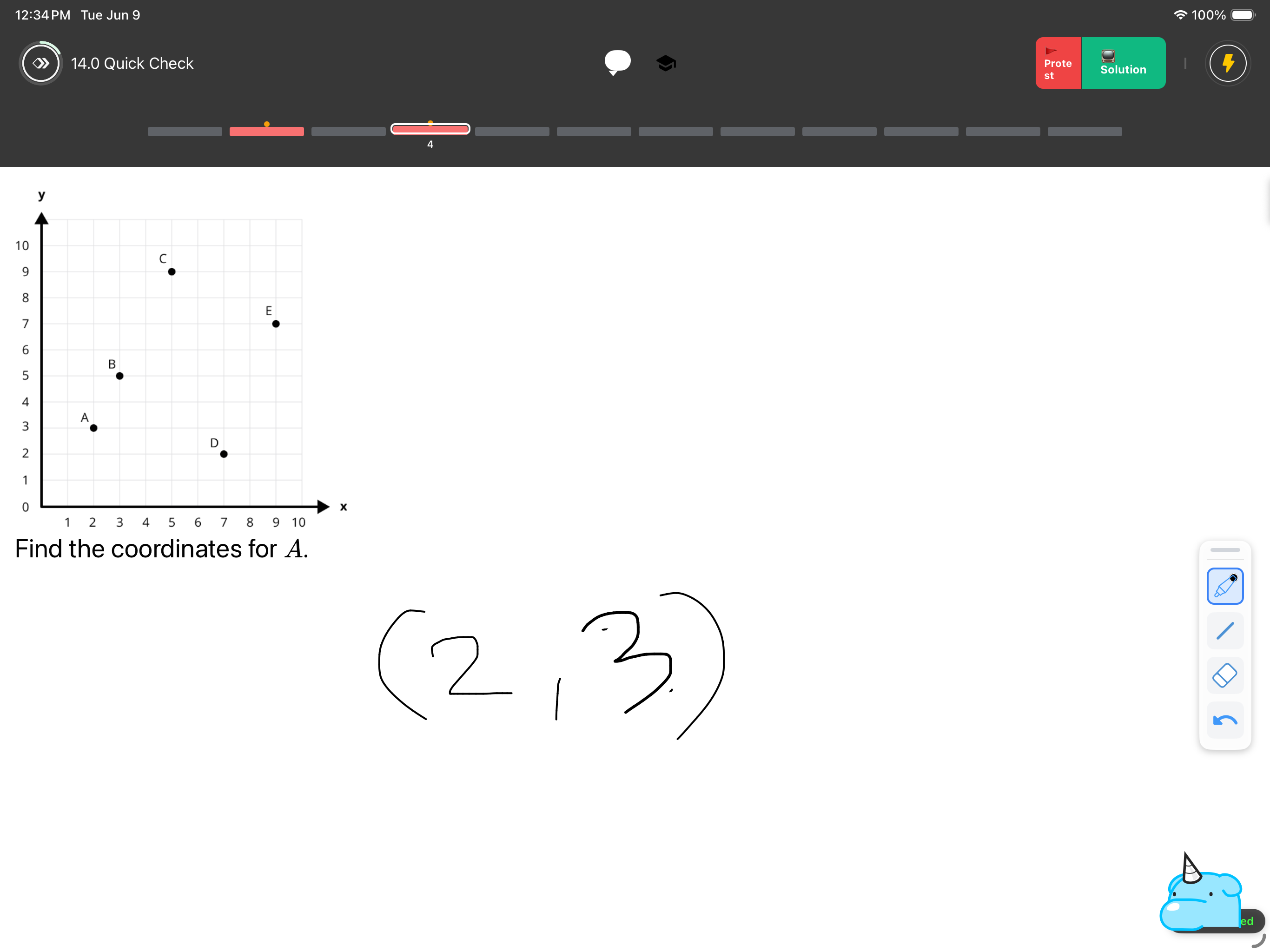 Actual PrepBox2 iPad question workspace showing a coordinate-grid question and the student's handwritten answer