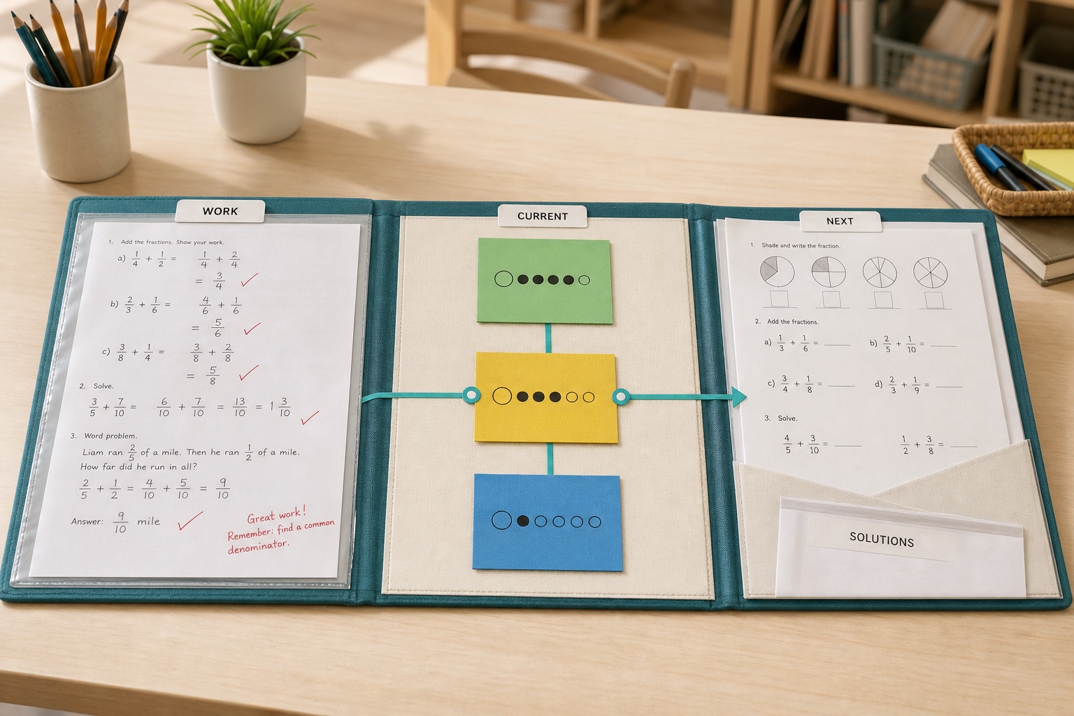 One shared student record showing completed handwritten work, the student's current learning position, a prepared next lesson, and solutions.
