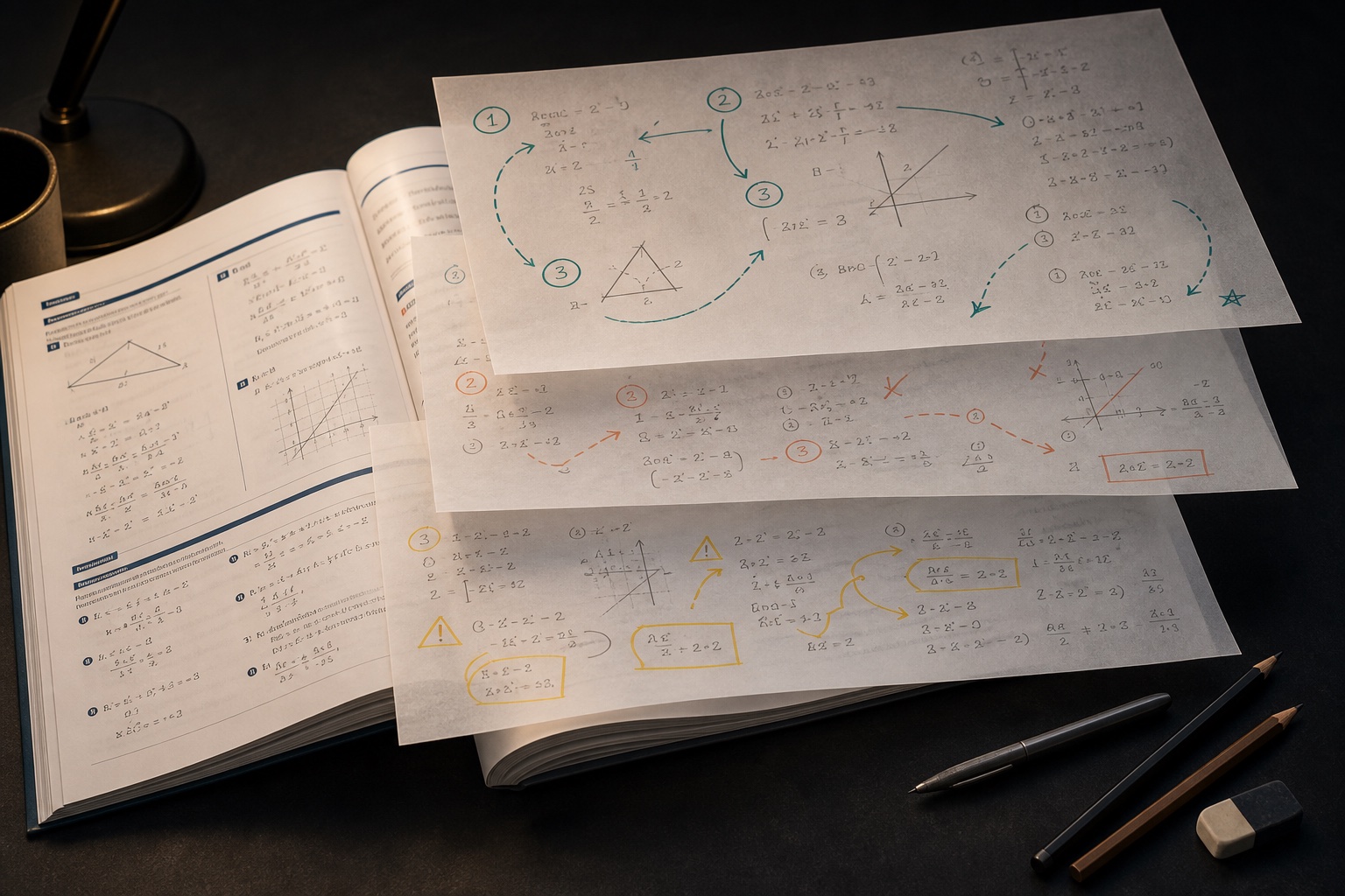 A professionally printed mathematics curriculum with three tracing-paper layers showing teaching sequence, common pitfalls, and a student-specific route.
