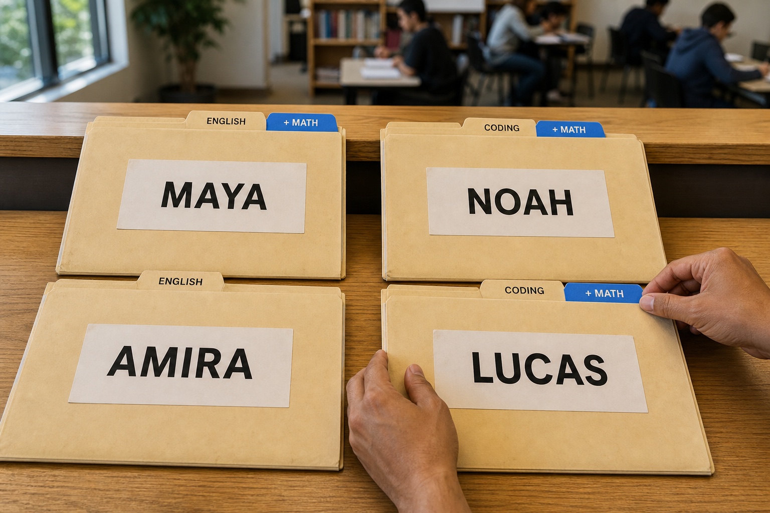 Four existing student folders: Maya and Noah already have Math added beside English or Coding, Amira still has English only, and a hand adds Math beside Lucas's Coding course.