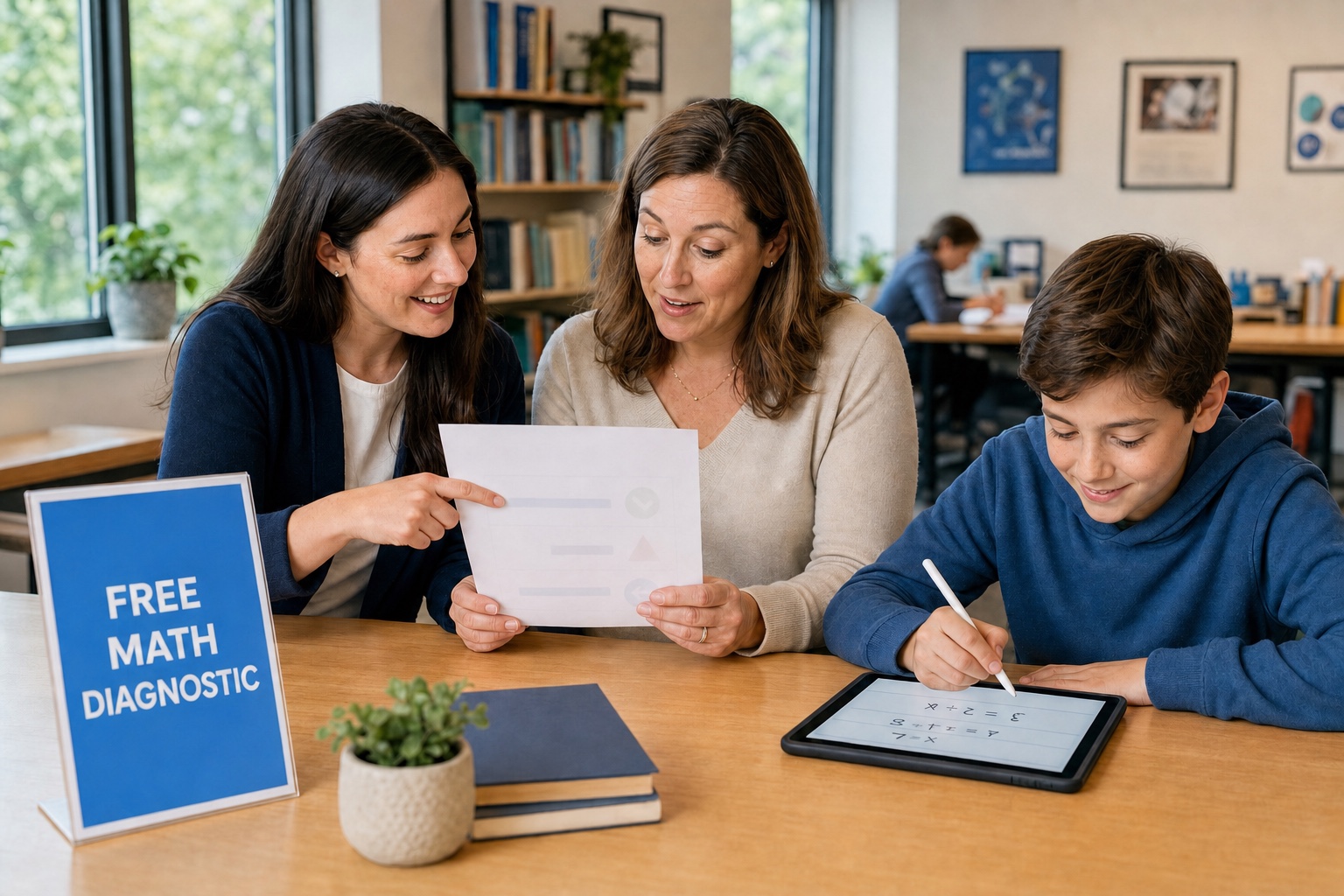 A tutor shares the results of a Math diagnostic with a parent while the child enjoys solving Math on an iPad beside a Free Math Diagnostic sign.