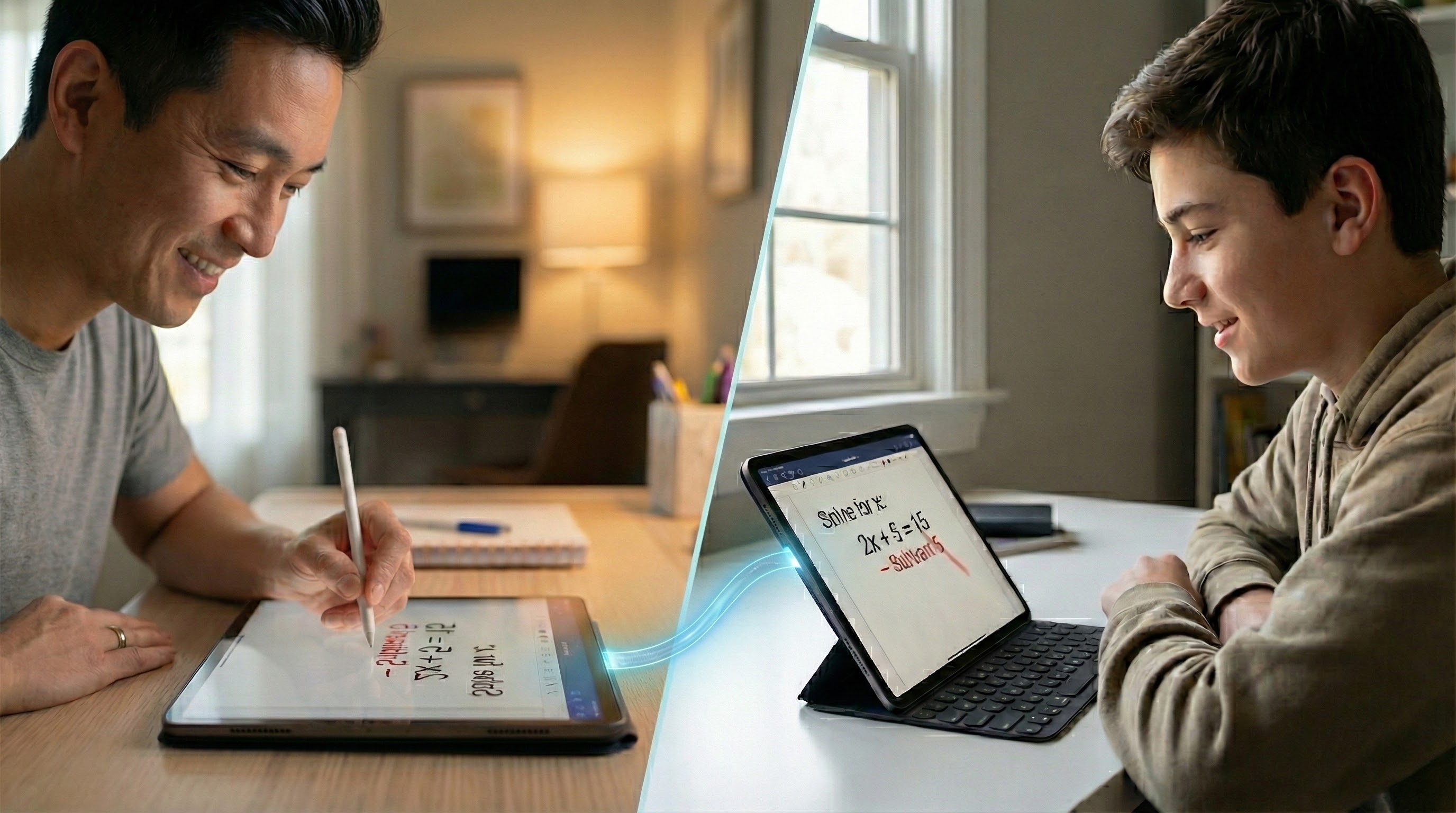 Tutor and student connected through real-time online tutoring - showing synchronized tablet work
