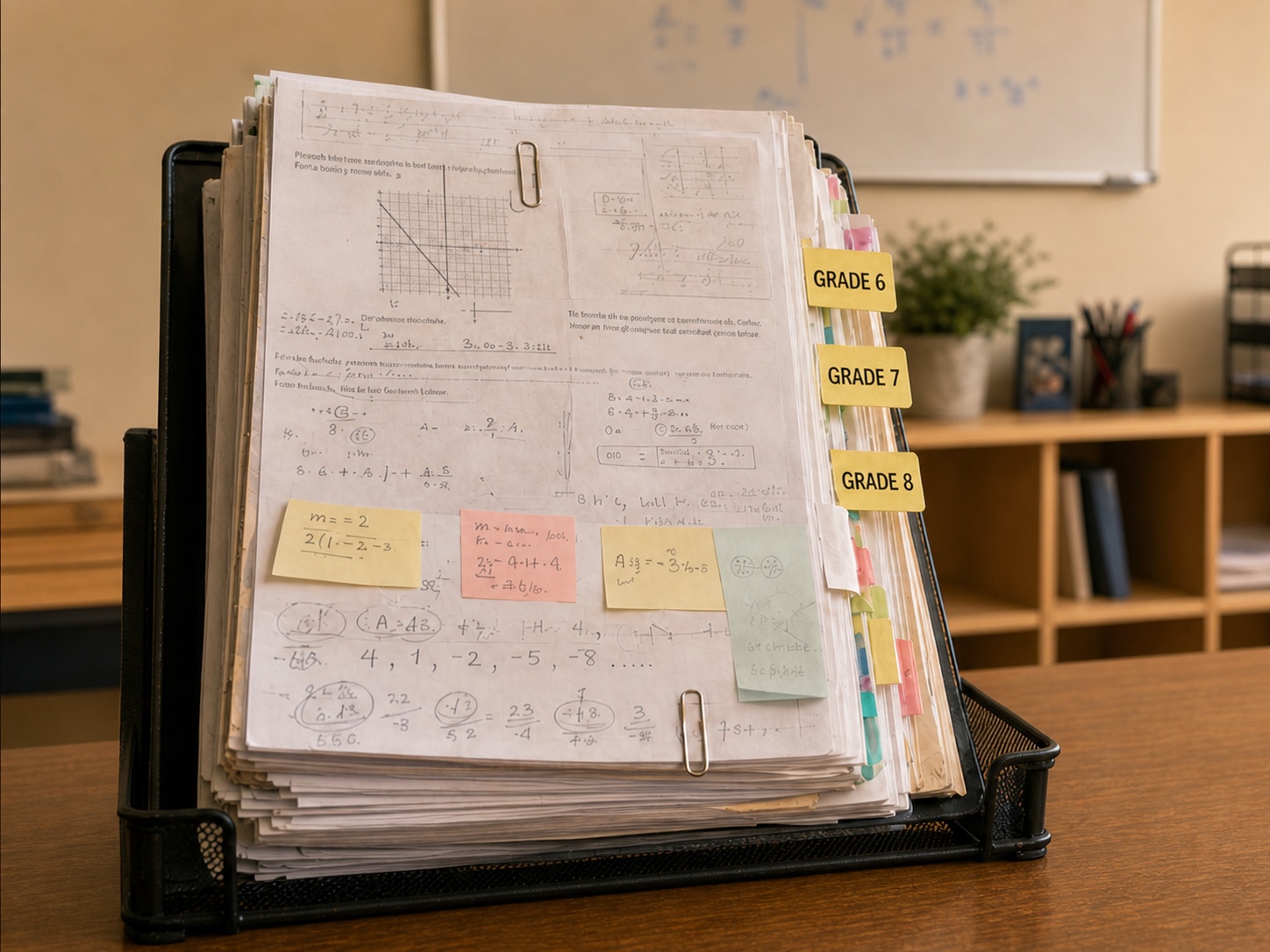 An overstuffed shared curriculum binder with Grade 6, Grade 7, and Grade 8 tabs, photocopied worksheets, and handwritten tutor notes.