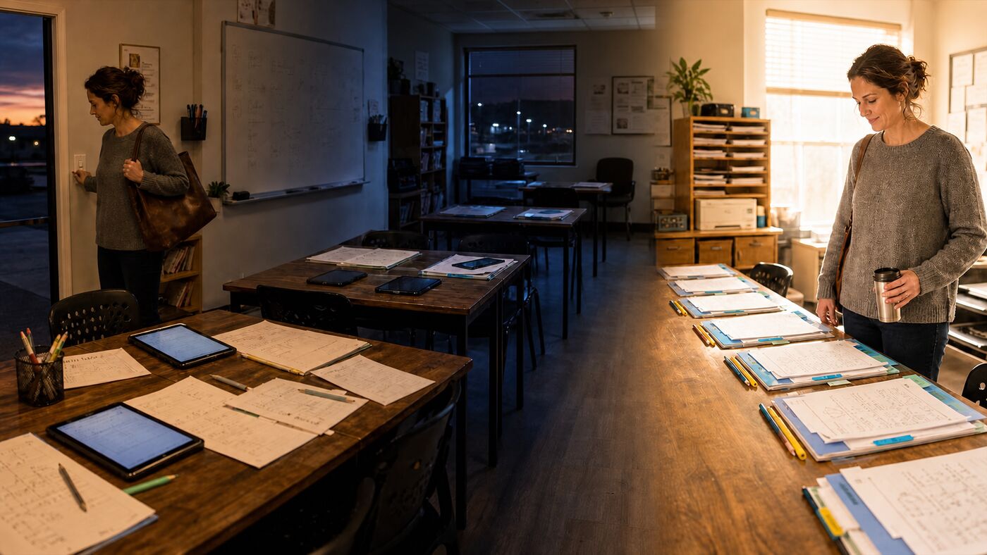 The same tutor leaving the centre after class, the centre working quietly overnight, and the tutor returning to individually prepared student lesson folders the next morning