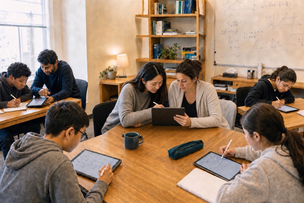 The recurring PrepBox tutor reviews one shared student record on an iPad with another tutor while students work nearby