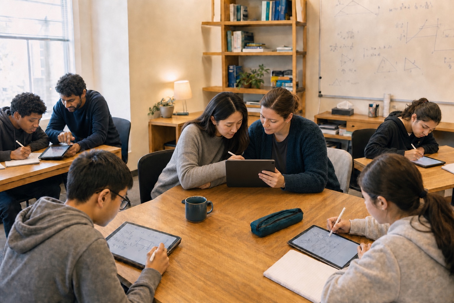 Two tutors collaborating over an iPad facing them while other tutors and students work throughout an active mathematics tutoring centre.