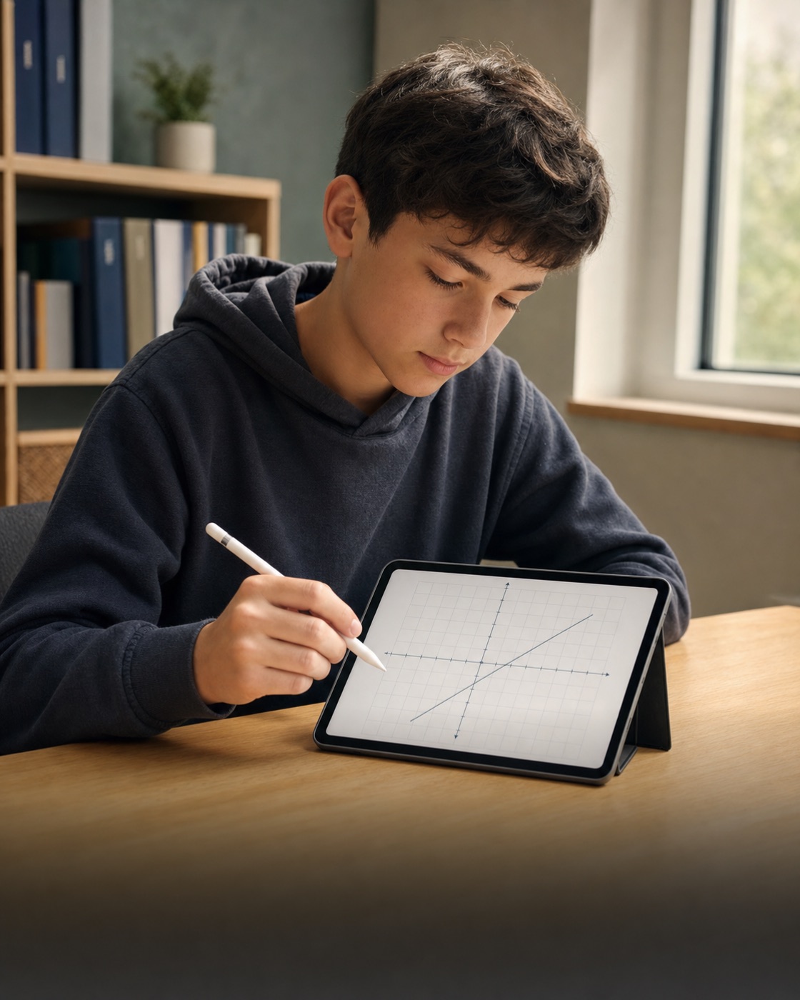 A focused student with a stylus poised over an iPad, ready to begin a new mathematics challenge.