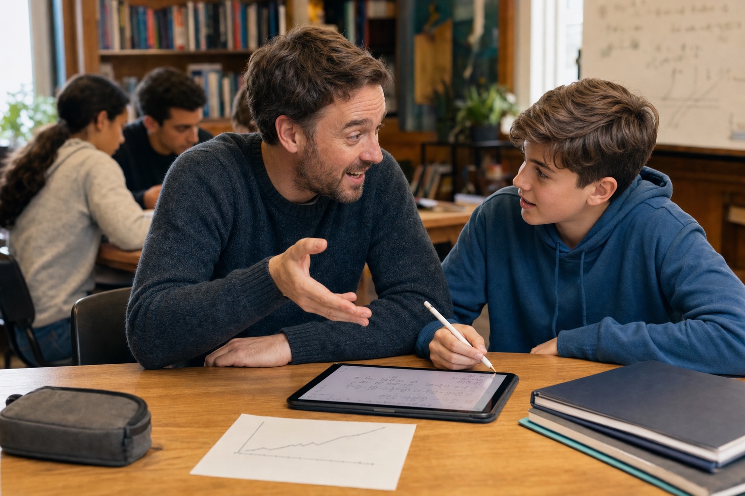 An enthusiastic mathematics tutor brings a problem to life while a student listens closely with a stylus poised over an iPad.